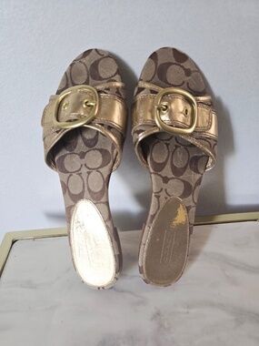 Coach Amazing Gold Leather Flat Slide Sandals Gold Buckle 9.5B